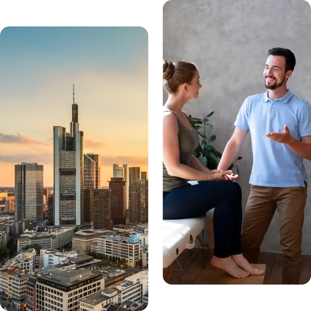 Physiobehandlung bei Patientin & Frankfurt Skyline