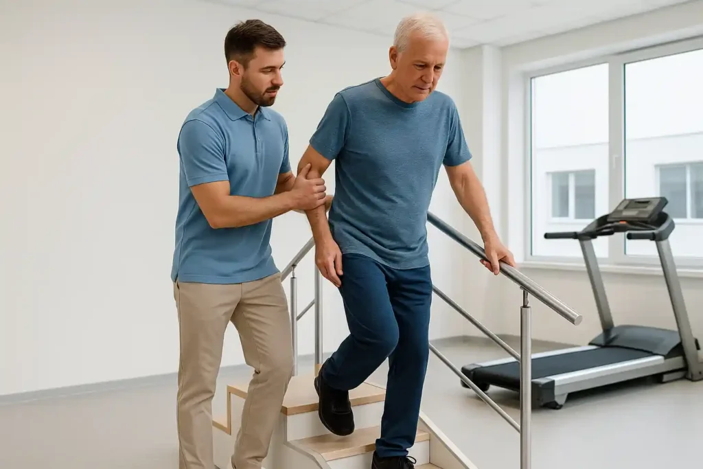 Physiotherapeut mit Senior bei Gangschul Übung