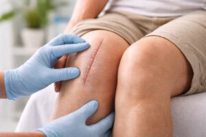 Nahaufnahme eines Knies mit gut verheilter Operationsnarbe nach Knie-TEP, die vom Arzt untersucht wird.