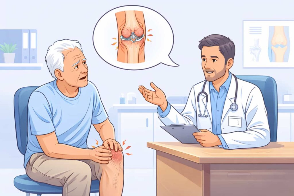 Senior mit Knieschmerzen sitzt beim Arzt im Behandlungszimmer und bespricht seine Beschwerden. anschauliche Darstellung eines Arzt-Patienten-Gesprächs bei Knieproblemen und beginnender Arthrose.