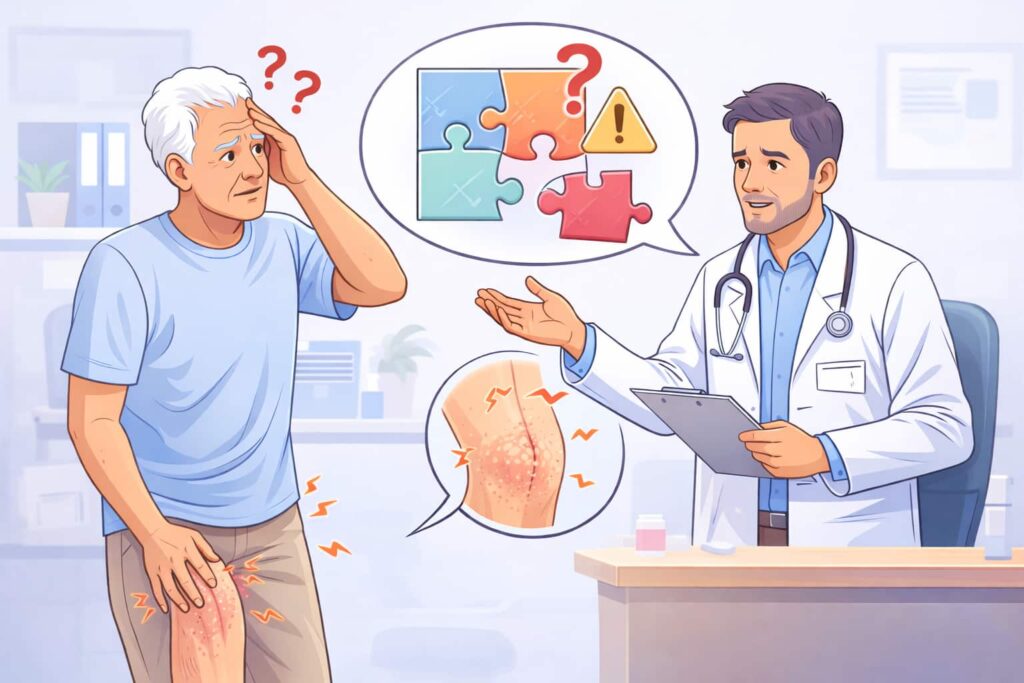 Ein Arzt-Patienten-Gesprächs nach einer Knieoperation: Ein Senior mit Unsicherheiten spricht mit seinem Arzt über anhaltende Beschwerden, dargestellt durch Symbole für offene Fragen und mögliche Heilungsverläufe.