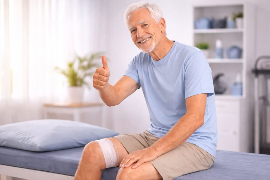 lächelnder Patient nach Knieoperation sitzt entspannt in einer Physiotherapiepraxis und zeigt den Daumen nach oben. Ein positives Symbol für erfolgreiche Heilung und wiedergewonnene Beweglichkeit nach Knie-OP