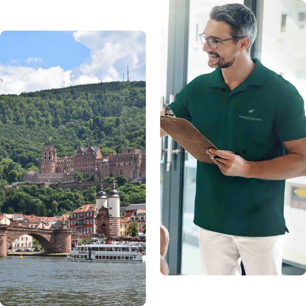Links: stadtansicht Heidelberg; rechts: mobiler physiotherapeut während Behandlung