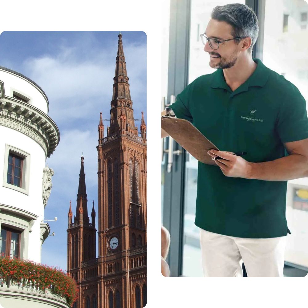 links: Stadtansicht Wiesbaden; rechts: physiotherapeut bei mobiler behandlung daheim