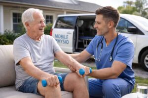 Physiotherapeut unterstützt einen Senior bei sanften Bewegungsübungen im Garten