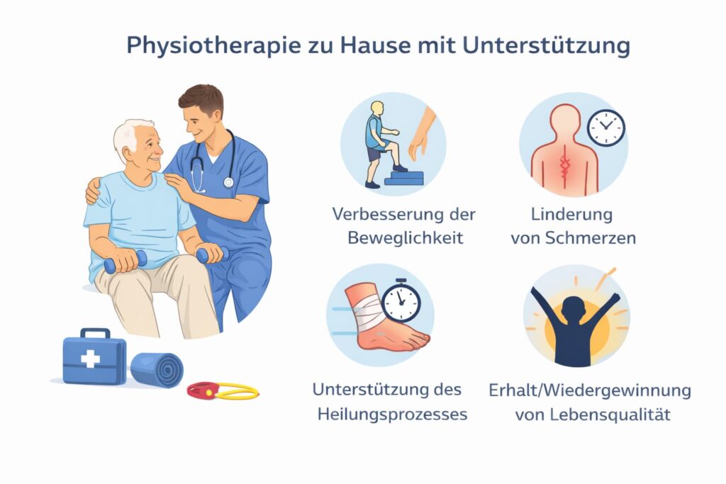 Physiotherapeut unterstützt einen älteren Patienten bei Übungen im häuslichen Umfeld: mobile Physiotherapie zu Hause mit individueller Betreuung und sicherer Anleitung.