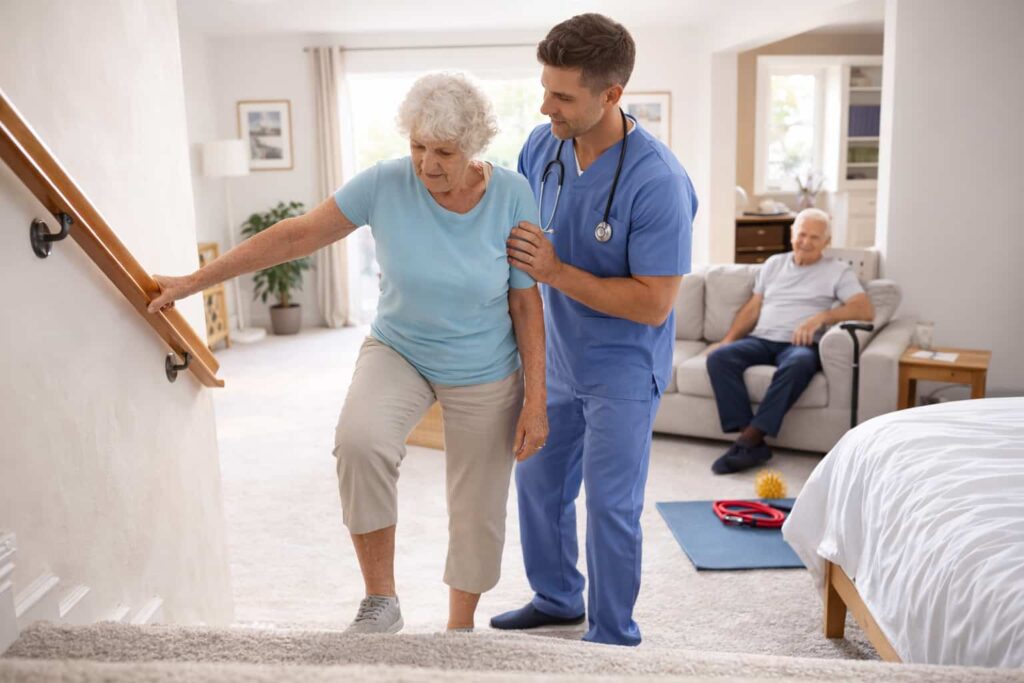 Physiotherapeut begleitet einen Senior bei gezielten Bewegungsübungen in der eigenen Wohnung und gibt unterstützend Halt.