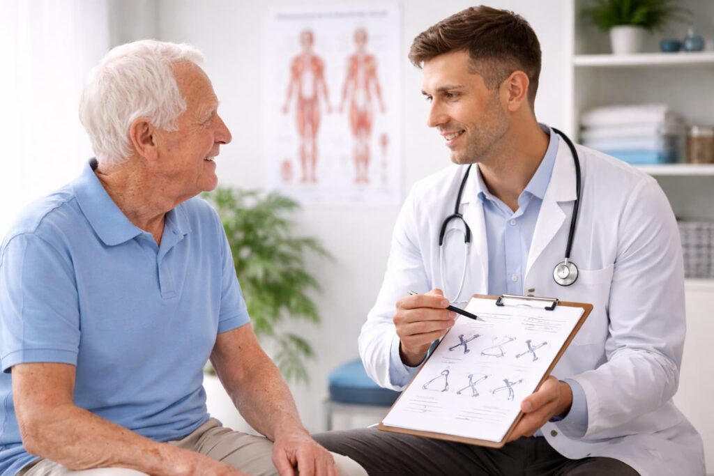 Physiotherapeut berät einen Senior in einem modernen, hellen Behandlungsraum und erklärt einen individuellen Therapieplan.