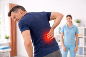 Mann mit Rückenschmerzen bei Bandscheibenvorfall während mobiler Physio