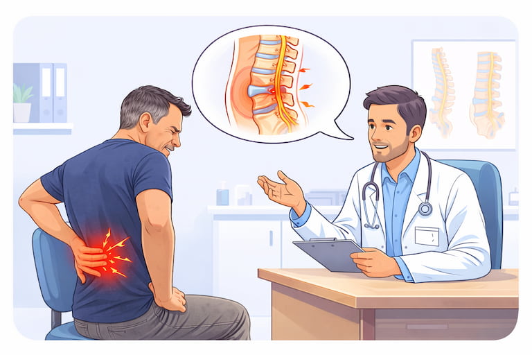 Mann mit Rückenschmerzen nach Bandscheibenvorfall bei Doktor