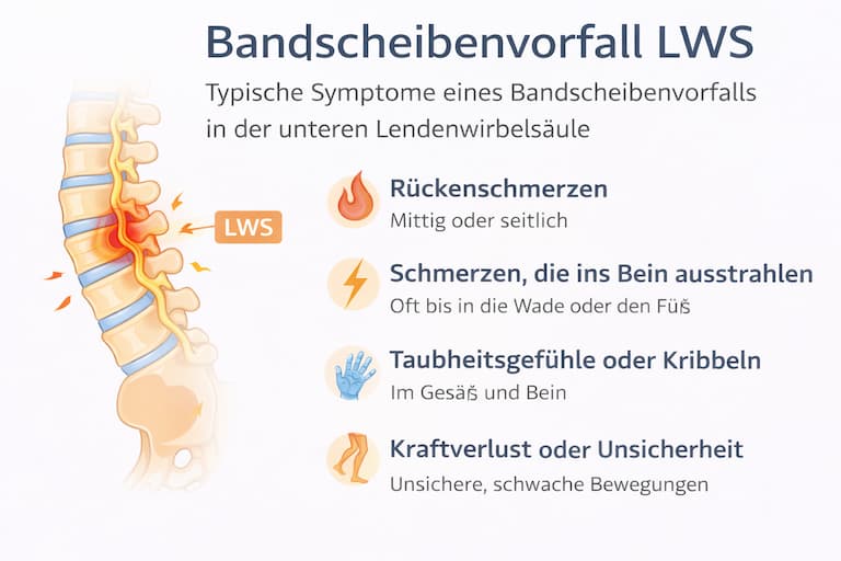 Infografik Bandscheibenvorfall mit Aufzählung typischer Symptome