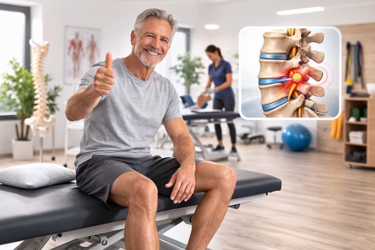 lächelnder Patient nach Phzsiotherapie sitzt entspannt in einer Physiotherapiepraxis und zeigt den Daumen nach oben. Ein positives Symbol für erfolgreiche Heilung und wiedergewonnene Beweglichkeit nach Bandscheibenvorfall
