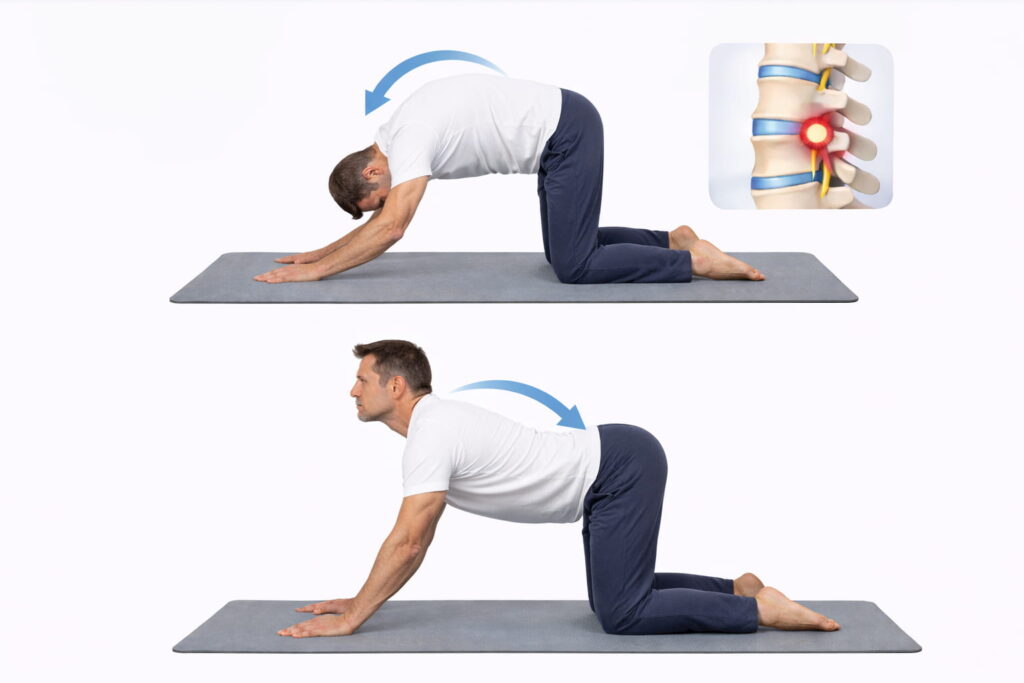 Mittelalter Mann im Vierfüßlerstand auf Yogamatte führt Cat-Cow Übung zur Mobilisation der Lendenwirbelsäule bei Bandscheibenvorfall LWS aus.