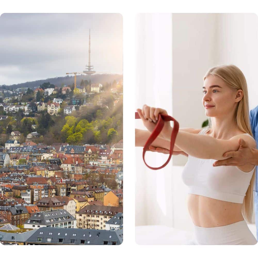 Gesplittetes Bild. Links: Stuttgart; Rechts: Frau bei Physiotherapie daheim