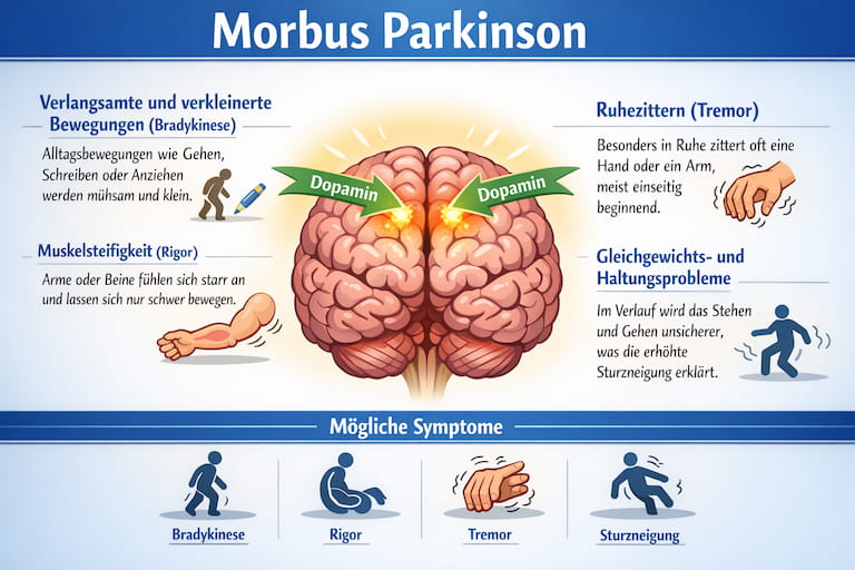 Infografik zu Morbus Parkinson mit Darstellung eines Gehirns und Dopamin-Mangel sowie typischen Symptomen wie Tremor, Rigor, Bradykinese und Gleichgewichtsstörungen