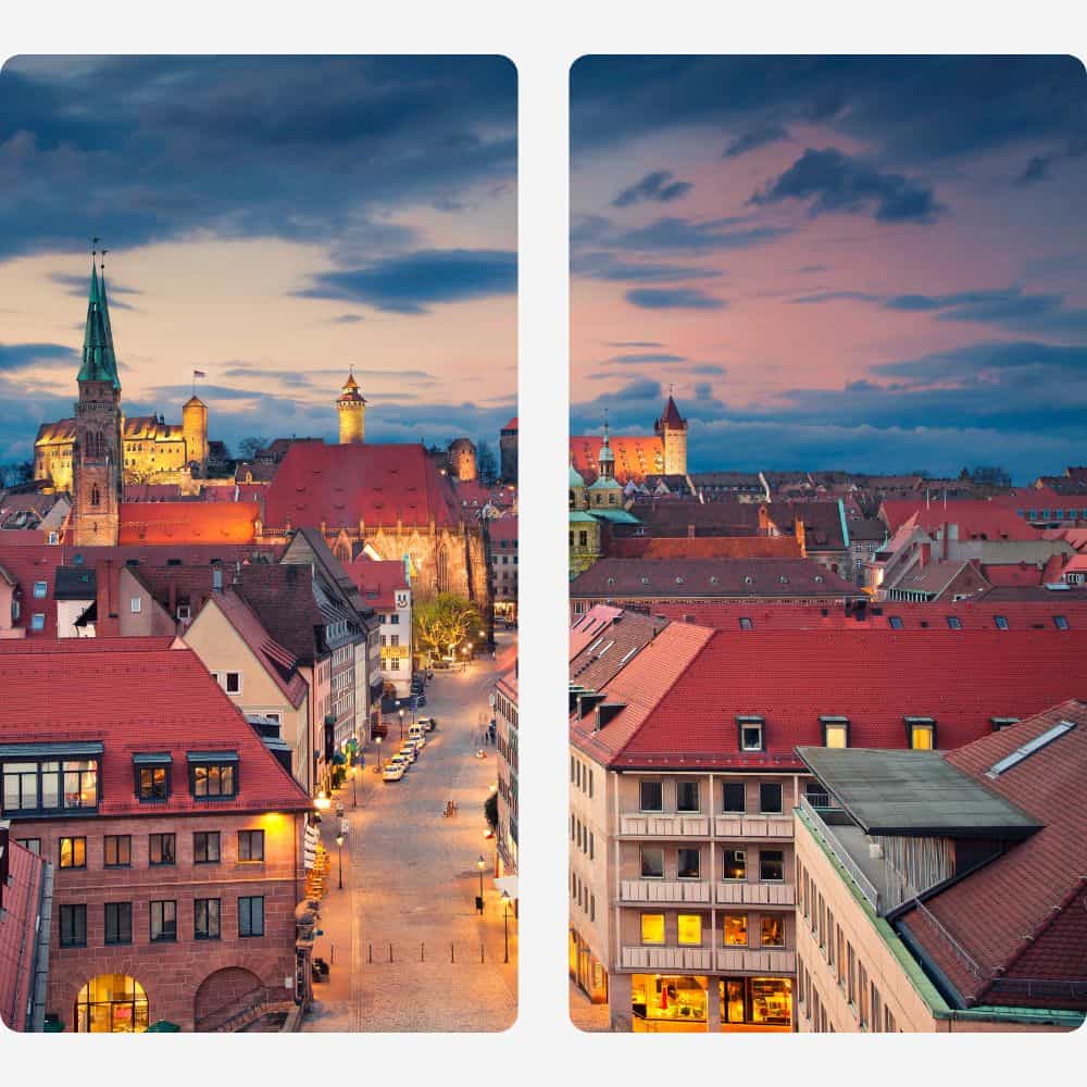 Stadtansicht von Nuernberg bei Sonnenuntergang