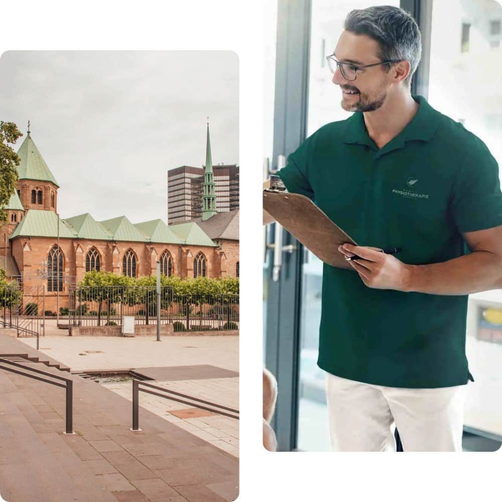 Links: Stadtansicht Essen. Rechts: Physiotherapeut mobile Physio