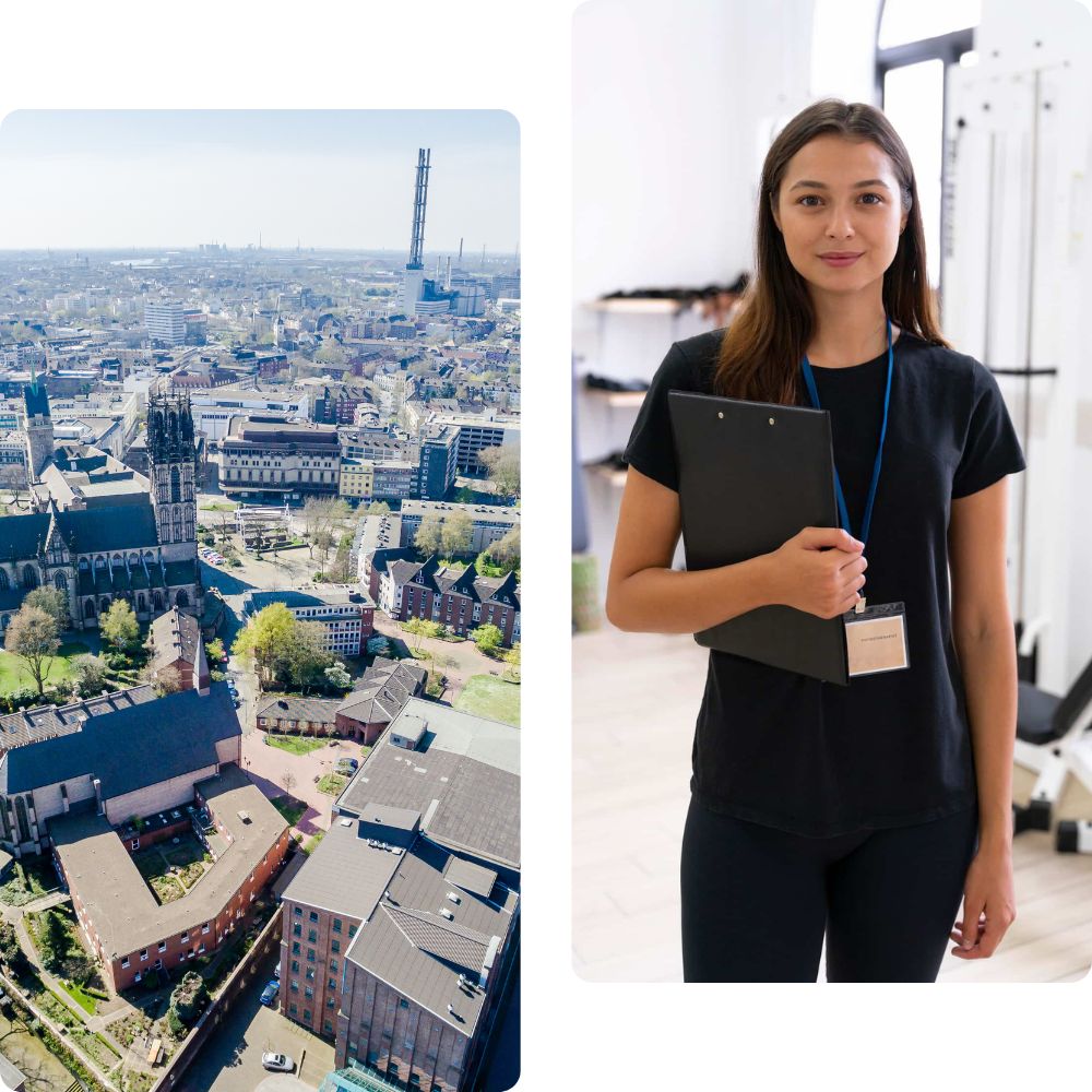 links: stadtansicht duisburg; rechts: physiotherapeuting mobile Physio