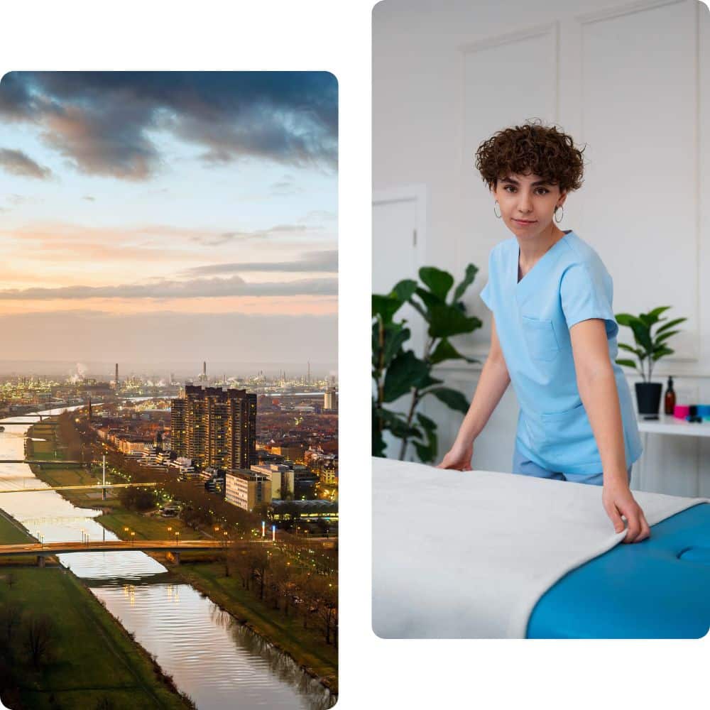 links: stadtansicht von mannheim; rechts: mobile physiotherapeuting bei Hausbesuch