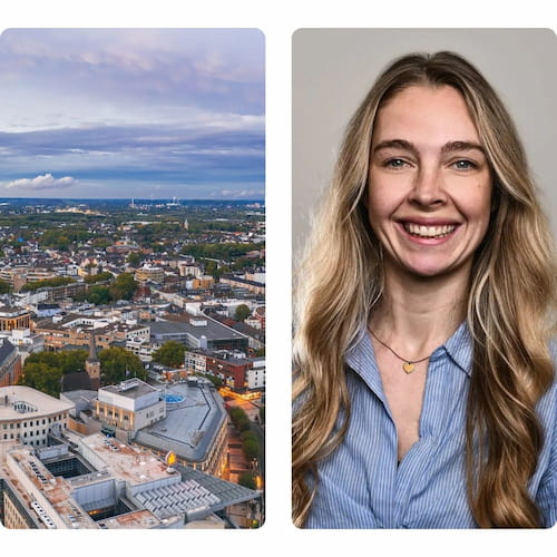 links: stadtbild Bochum; rechts: lächelnde patientin Physiotherapie