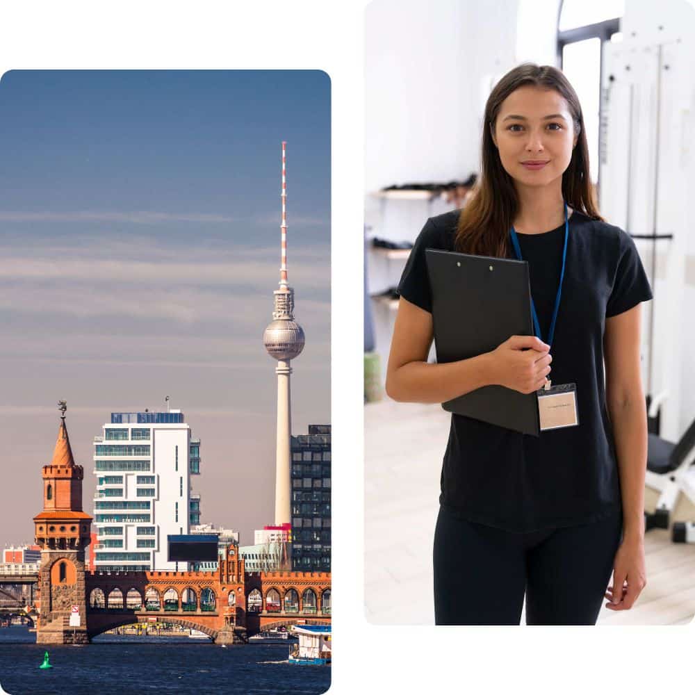 links: stadtansicht berlin friedrichshain; rechts: mobile physiotherapeuting bei behandlung zuhause