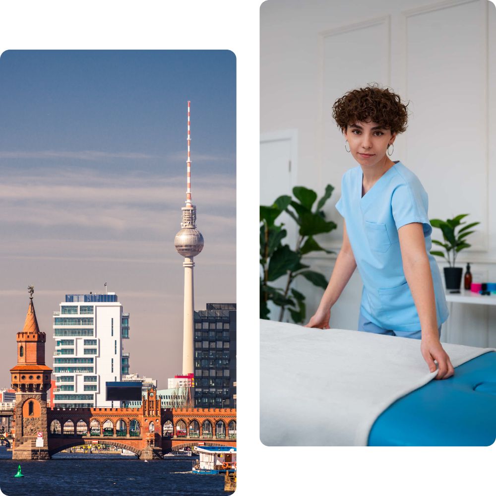 links: stadtansicht berlin kreuzberg; rechts: mobile physiotherapeuten bei behandlung zuhause