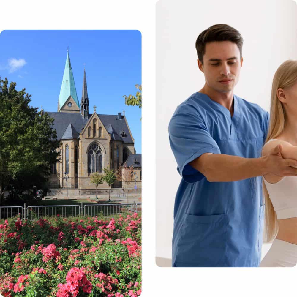 links: stadtansicht bochum; rechts: physiotherapeut bei Behandlung zuhause