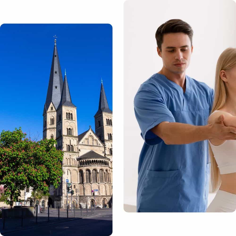 links: stadtansicht Bonn Kirche; rechts: mobiler physiothereapeut bei Hausbesuch in Bonn