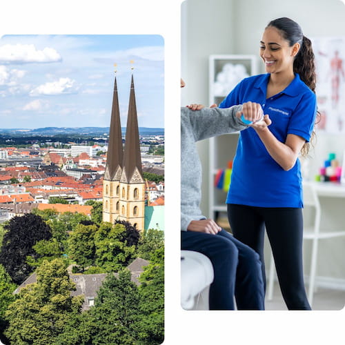 links: stadtansicht Bielefeld; rechts: mobile physiotherapeuting bei Behandlung mit Patientin zuhause