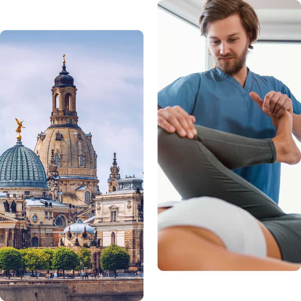 links: stadtansicht dresden; rechts: physioherapeut bei mobiler behandlung daheim