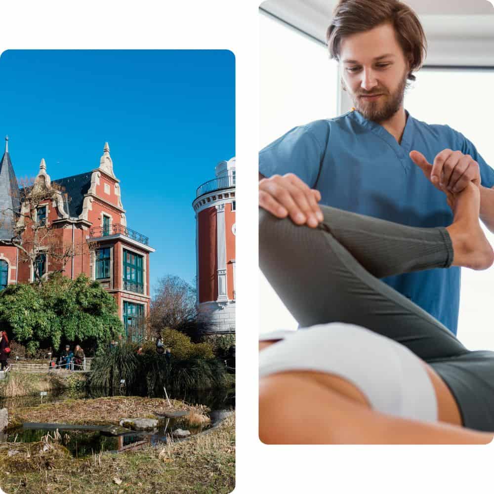 links: stadtansicht wuppertal; rechts: mobiler physiotehrapeut bei behandlung zuhause