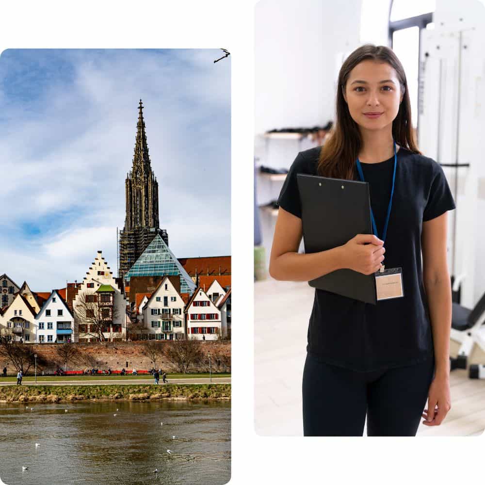 links: stadtansicht ulm; rechts: mobiler physiotehrapeut bei behandlung zuhause