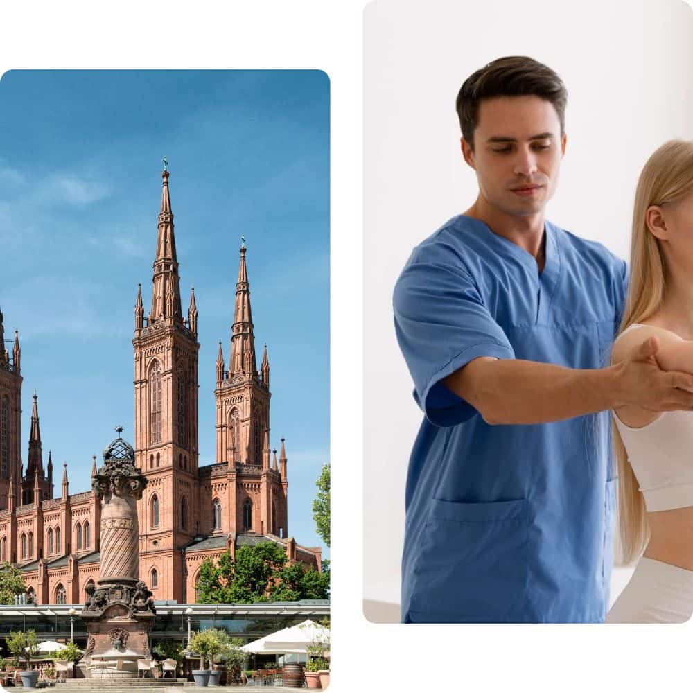 links: stadtansicht wiesbaden; rechts: mobiler physiotehrapist bei mobiler behandlung